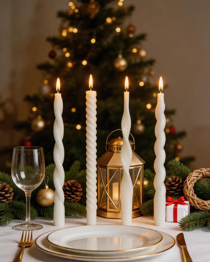 White Taper Candles Spiral Candlesticks Unscented Smokeless Tall Candles for Christmas Wedding Holiday Dinner Party Home Decorative candles-10inch,4pcs