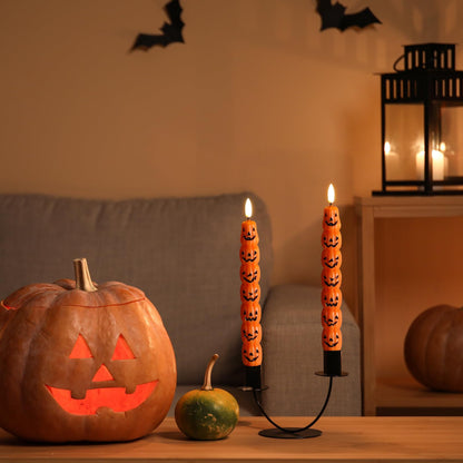 Girimax Orange Pumpkin Halloween Flameless Taper Candles with Remote, Flickering Spooky LED Wax Candlesticks Battery Operated, Set of 2