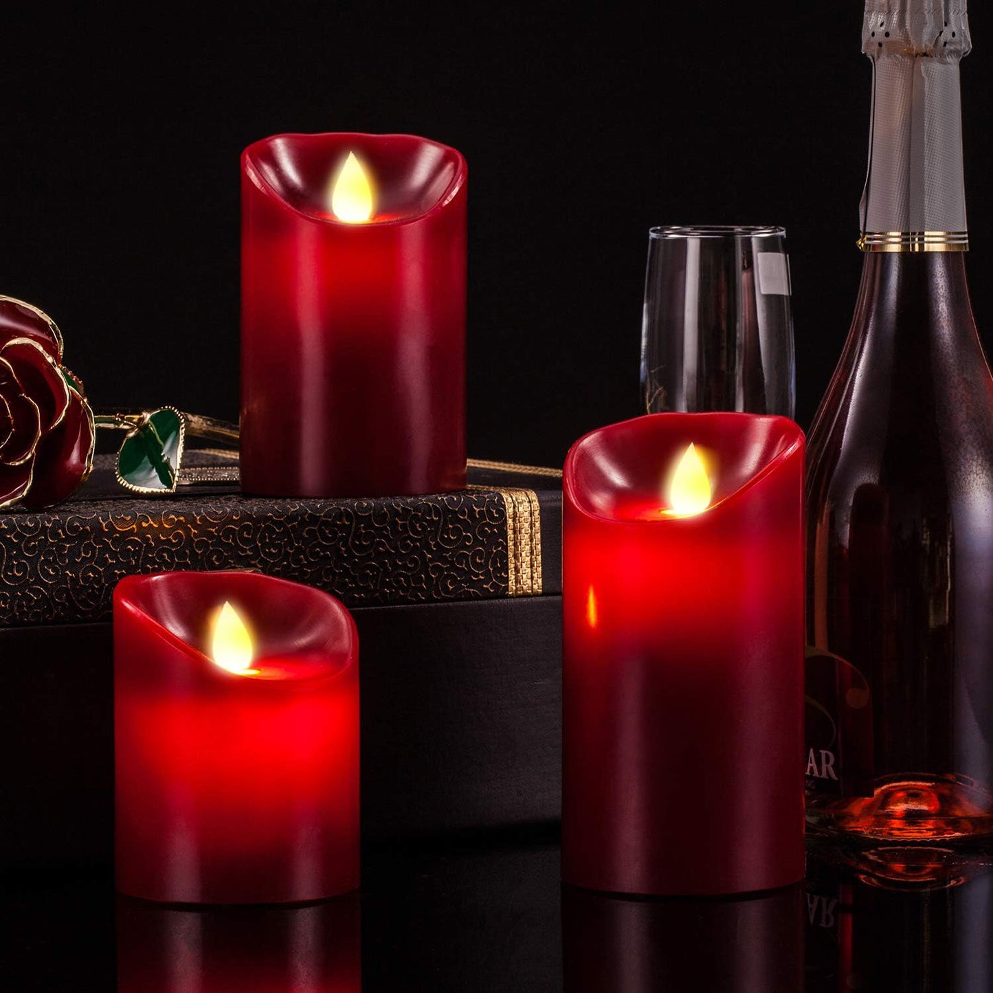 Enpornk Flameless LED 4/5/6-Inch Drip-Less Wax Pillar Candles - Real Wax & Real Flickering Candle Motion - with Remote 24-Hour Timer Function,Burgundy Color,Sets of 3