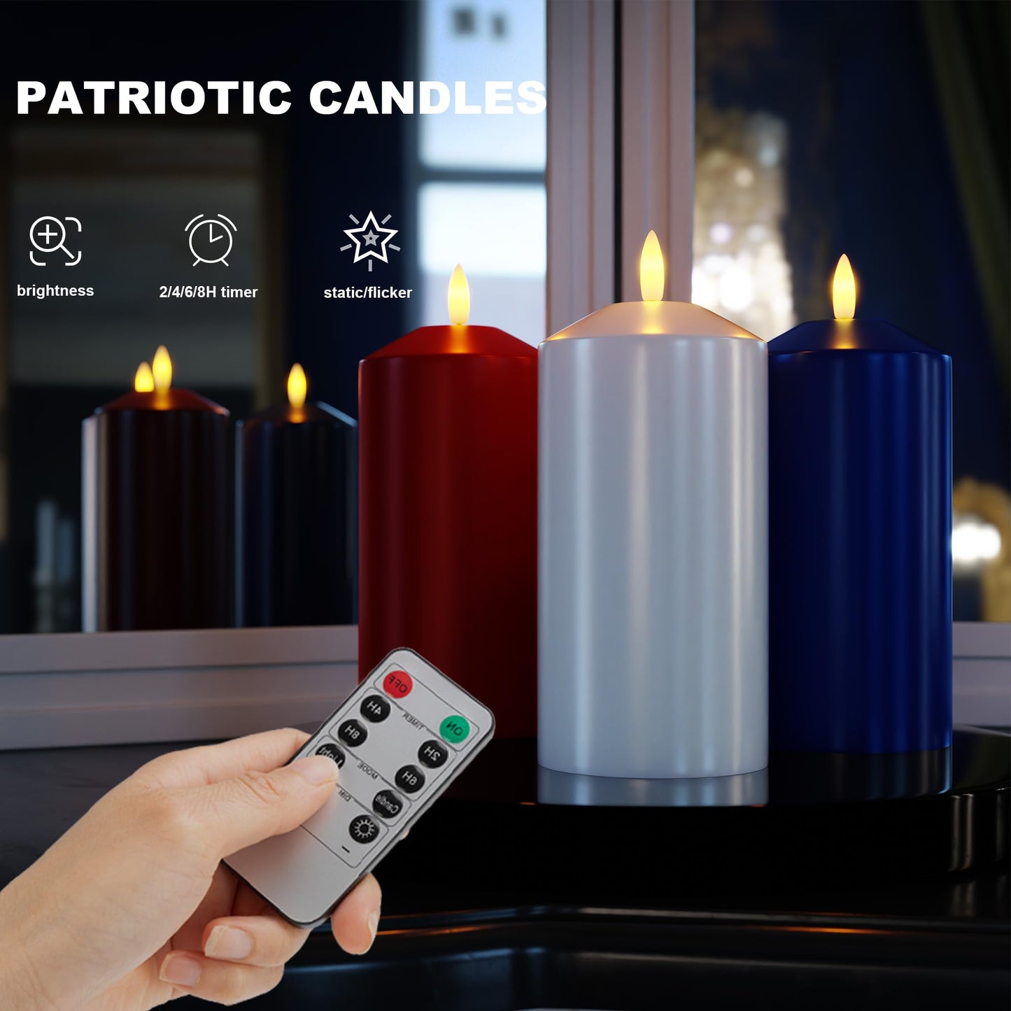 AFINETH Patriotic Red White and Blue Candles, Real Wax Flameless Pillar Candles with Remote, 4th of July Led Candles, Independence Day Flameless Candles for Patriotic Decor, 3 Pack (D 3" x H 6")