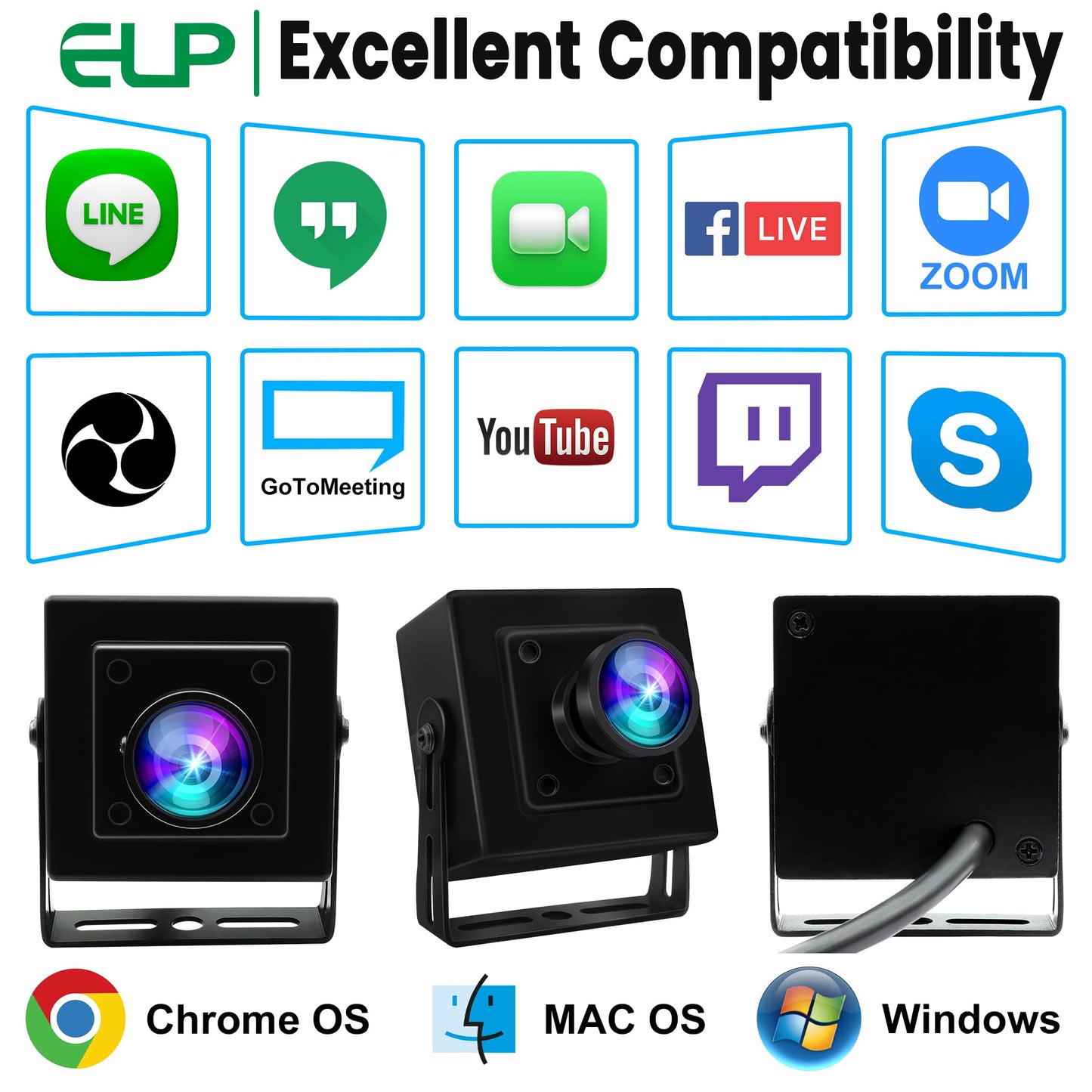 ELP 5MP 50fps Global Shutter USB Camera with Housing for Computer UVC USB2.0 Lightburn Camera for Laser Engraver High Speed 60fps PC Cam Wide Angle 100° WebCamera for Live Streaming