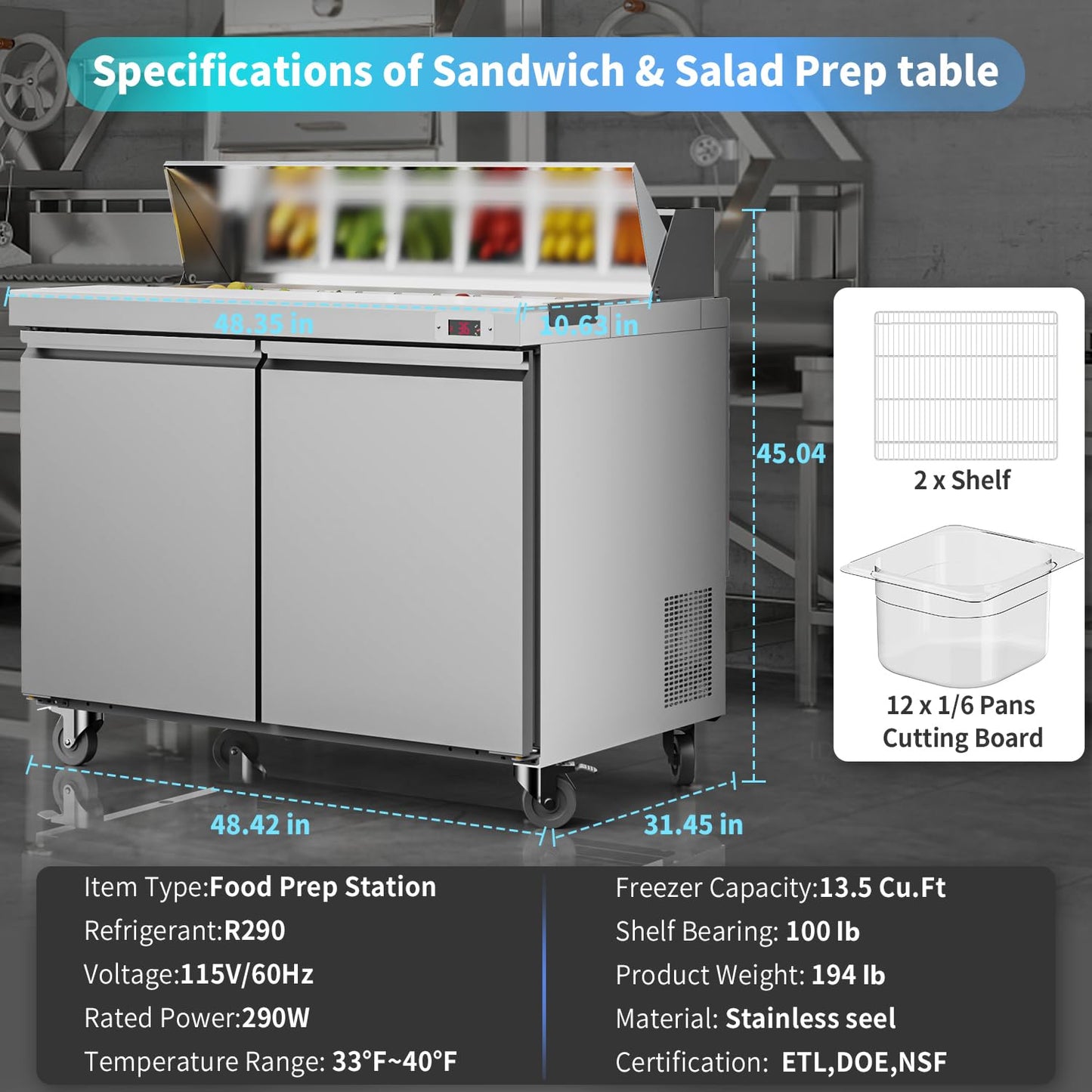 Ferueo 48’’ W Commercial Refrigerator Sandwich Salad Prep Table Refrigerators 2 Door with 12 Pans, Prep Station Fridge for Restaurant, Bars, Shops