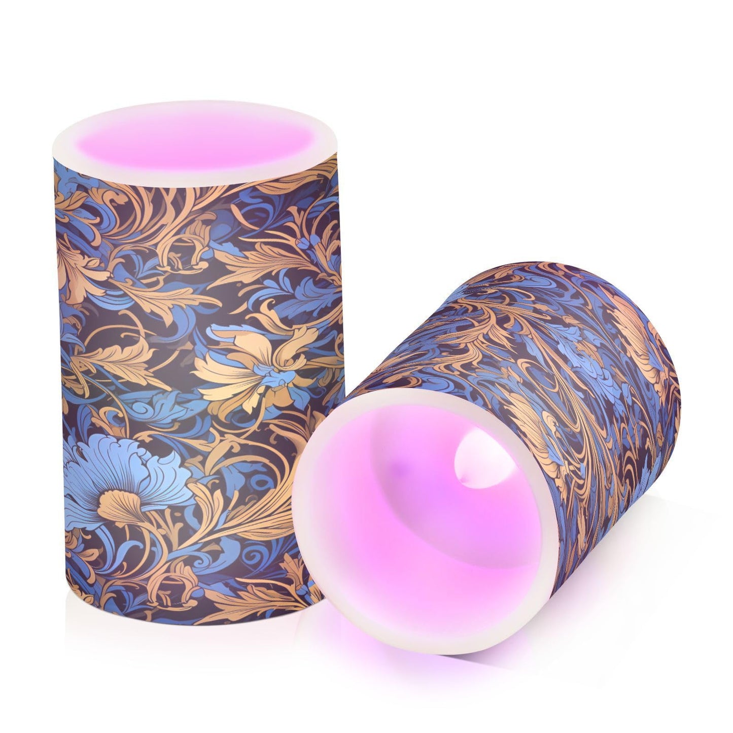ALAZA Gold Navy Blue Floral01 Flickering Flameless Candles Battery Operated with Remote Timer,Tea Light Candles LED Pillar Votive Candles Set of 2 for Outdoor Indoor Decorations