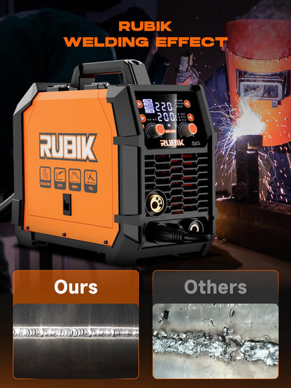 RUBIK MIG Welder,200 Amp 5 in 1 Flux Core Welder,Gas MIG/Gasless Flux Core MIG/Stick/Lift TIG/Spot welding/Spool Gun 110V/220V Aluminum Multi Process Welding Machine with Large LED Digital Display