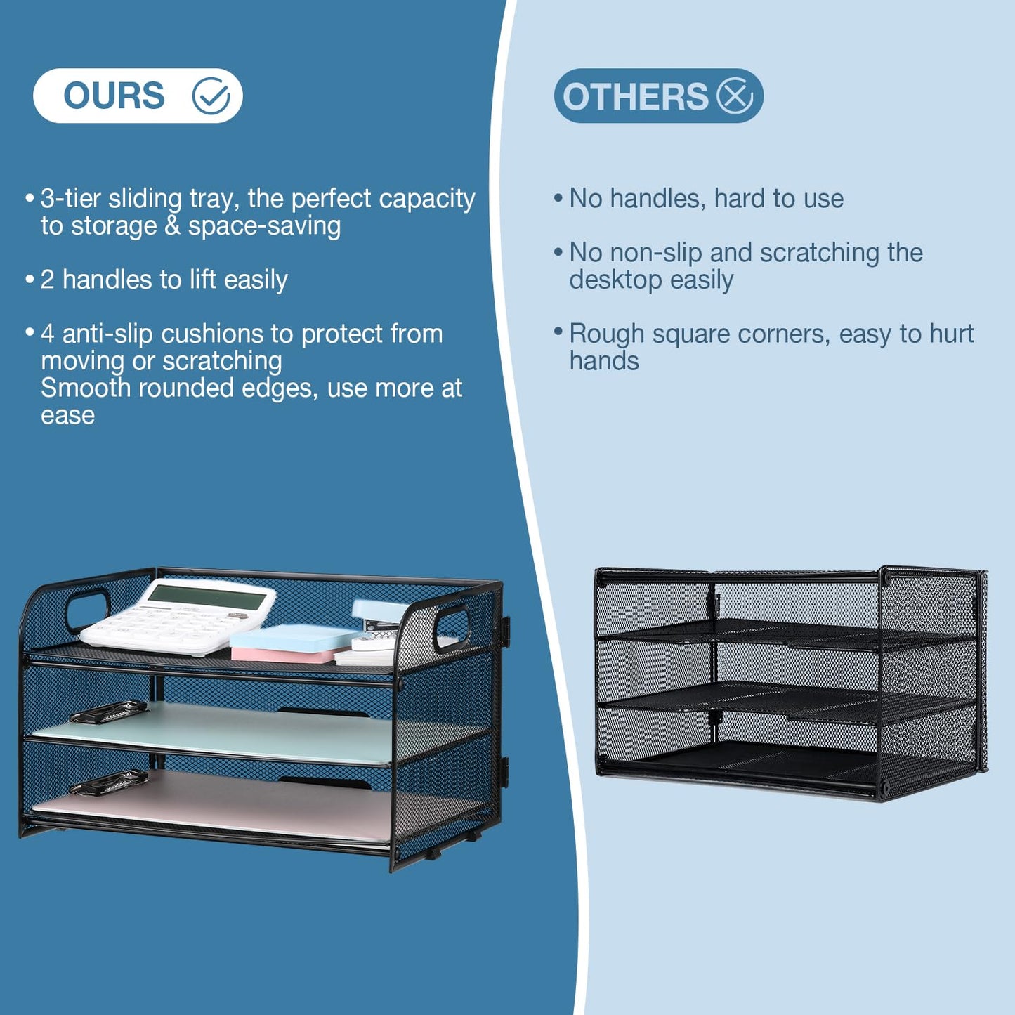 NCXTKJ 3-Tier Letter Tray Paper Organizer with Handle, Compact Mesh Desk File Organizer for Home Office Supplies Desktop Accessories,Black