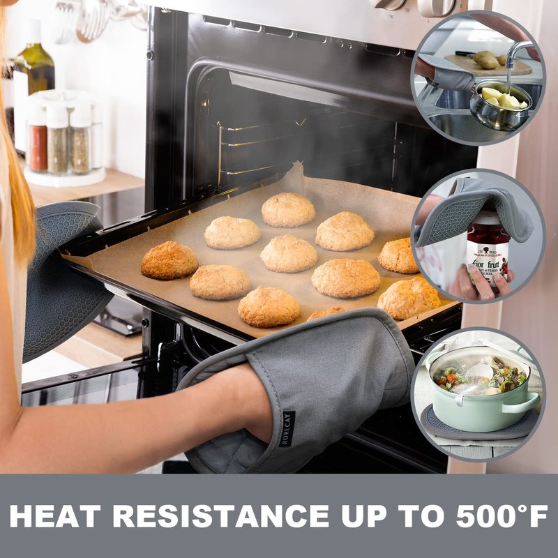 2-Pack Silicone Pot Holders for Kitchen Heat Resistant up to 500°F, Non-Slip Large Hot Pads with Pocket, Quilted Liner Trivets for Countertops Hot Pots and Pans (Gray)
