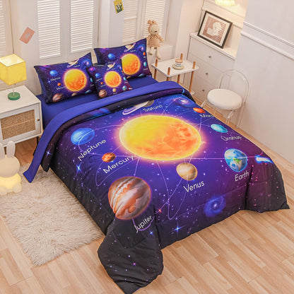 Tasselily Twin Size Comforter Sets for Boys, Space Bedding Set Twin Bed in a Bag, 6 Pcs Universe Planet Galaxy Comforter Set with Sheets