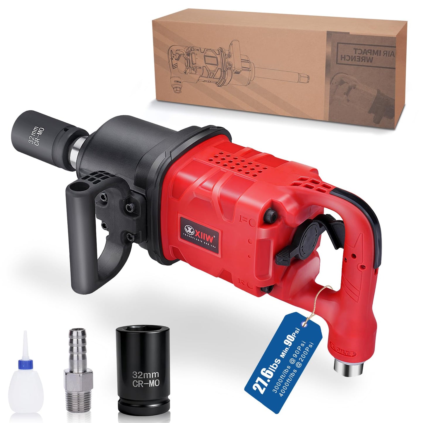 XIIW 1 Inch Air Impact Wrench, Up to 4000 ft-lbs High Reverse Torque, 27.6lbs Lightweight 1'' Pneumatic Impact Gun w/ 2 D Handles 3800RPM for Heavy Duty Repairs