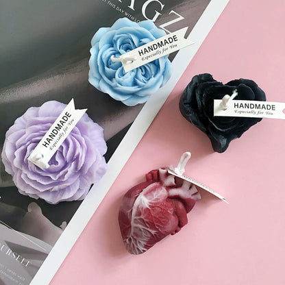 Cooary 4 Pcs Low Temperature Candles Purple Peony Flower Shaped Black Heart Red Heart Blue Austin Rose Scented Starlight Gilded Candles Adult Low Heat Body Safe Drip Wax Play for Couples