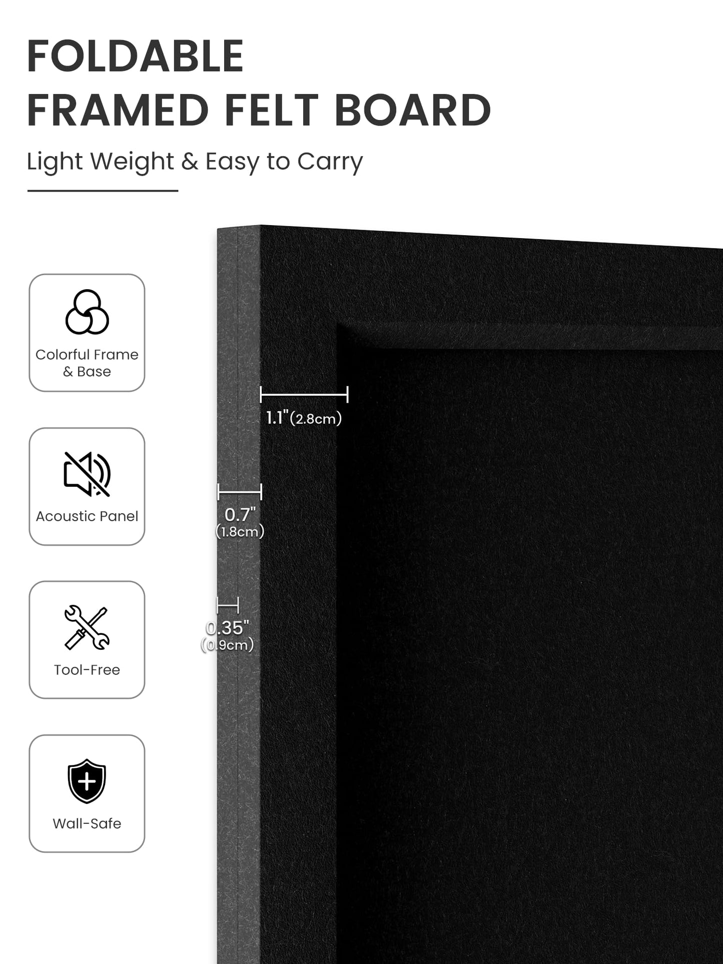 Fluxynara Foldable Cork Board Alternative, Felt Bulletin Board 23.6" x 17.5" Black Frame with 12 Adhesive Tabs, Pin Board for Home Office, Classroom, Entryway, Kitchen Wall Decor—Black