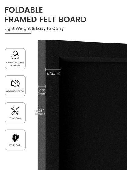 Fluxynara Foldable Cork Board Alternative, Felt Bulletin Board 23.6" x 17.5" Black Frame with 12 Adhesive Tabs, Pin Board for Home Office, Classroom, Entryway, Kitchen Wall Decor—Black