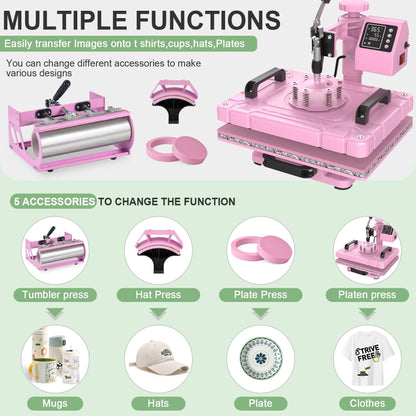 Seeutek Heat Press 5in 1 Heat Press Machine 12x15 Inch Sublimation T Shirt Pressing with 30OZ 20OZ Tumbler Heat Press 360° Swing Away Multifunction Heat Transfer Combo for T-Shirts, Hats, Mugs, Plates