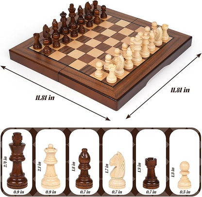 2 in 1 Magnetic Wooden Chess and Checkers Board Game Set 12 Folding Chess Boards Portable Travel Chess Sets with Pieces Storage Slots Beginner Chess Game Set for Kids and Adults