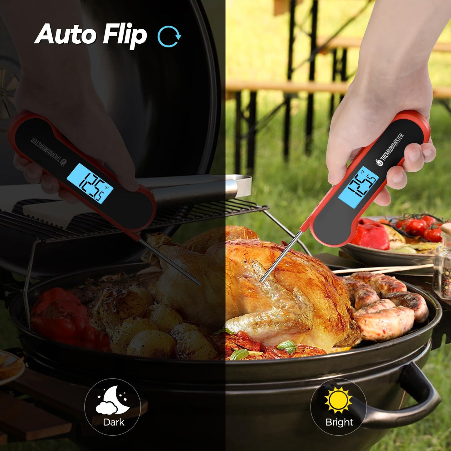 0.5 Sec Instant Read Meat Thermometer Digital with ±0.5℉ Precision, 100% Waterproof Auto Flip Bright LCD Screen, Motion Sensing Food Thermometer for Cooking Kitchen Oven Grill Candy BBQ, Red