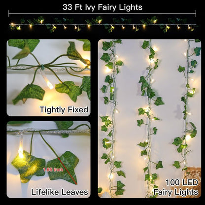 suddus Vine with Fairy Lights Plug in, 33ft 100 LED Ivy String Lights Connectable with Remote, Leaf Light for Bedroom, Room, Wall, Garden, Party, Wedding Dorm Decor (Warm White)