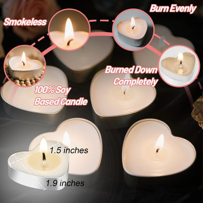 MAQIHAN Tea Lights Candles - 30 Pcs Heart Shaped Unscented Soy Tealight Candles, Smokeless White Tea Light Candles for Weddings, Romantic Dinners, Home Decor