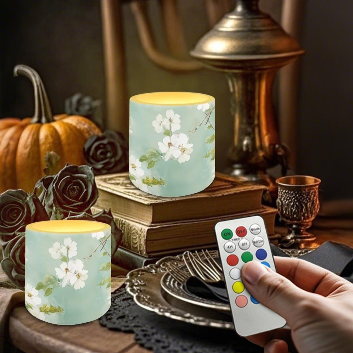Cozeyat Mint Floral Flameless LED Candles 4 Pack Battery Operated with Remote Control Timer Pillar Candles Waterproof for Home Garden Use