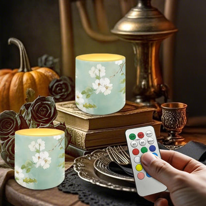 Cozeyat Mint Floral Flameless LED Candles 4 Pack Battery Operated with Remote Control Timer Pillar Candles Waterproof for Home Garden Use