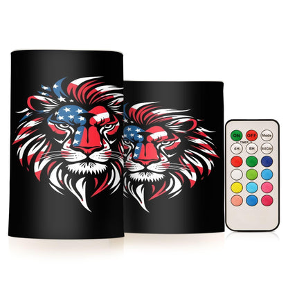 Grgvtei Flameless Candles American Flag Lion Head Flickering LED Pillar Candles with Remote & Timer, Battery Operated Set of 2 Warm Glow for Wedding Party Home Decoration