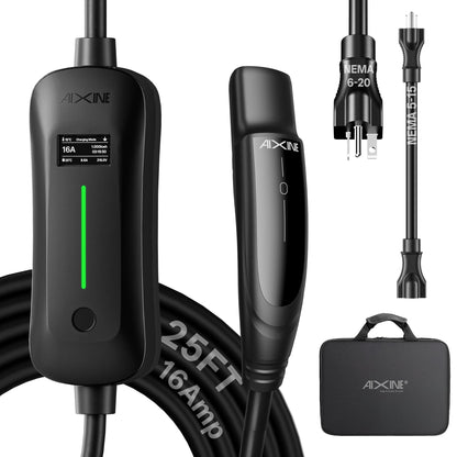 AIXINE Level 1&2 EV Charger,Tesla EV Charger NACS 16A with 25FT Extension Cord Cable,Portable Electric Car Charger 240V NEMA 6-20 Plug&120V NEMA 5-15 Adapter Compatible with All Tesla Models