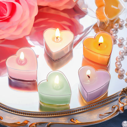 Honoson 12 Pack Valentine's Day Heart Tea Lights Candles Heart Tea Light Natural Wax Scented 6 Scents Conversation Candles for Spring Easter Wedding Engagement Gifting Aromatherapy Anniversary Decor