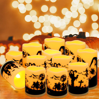 CAKETYCG 12-Pack Halloween Ink Painting Large Electronic Waxes with Remote Control, Flameless LED Candles for Halloween Spooky, Halloween Ambient Sense Artifacts.