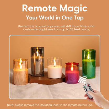 Eywamage Green Glass Flameless Pillar Candles with Remote, Flickering Spring Battery LED Candles Holiday Decor Set of 3