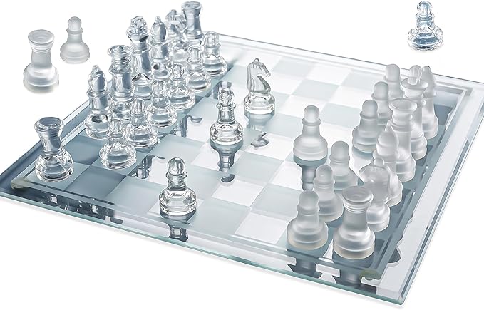 Gamie Premium Glass Chess Set 12 Inch - Elegant Design - Durable Build - 32 Frosted and Clear Pieces - Felted Bottoms - Easy to Carry - Stable &amp Fully Functional for Chess Lovers