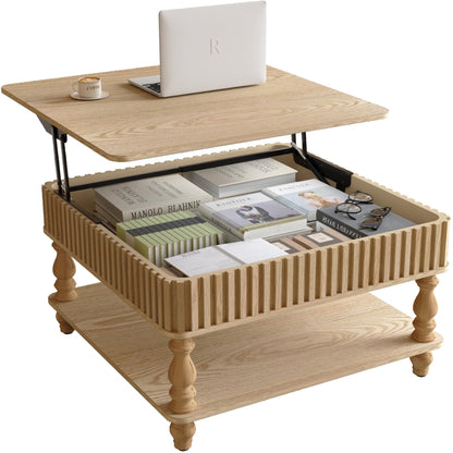 Harr Lift Top Square Coffee Table with Storage, 31.5'' Sofa Side End Table, Fluted Design Hydraulic Raising Mechanism, Hidden Compartment & Open Shelf, Retro Solid Wood Legs for Living Room, Natural
