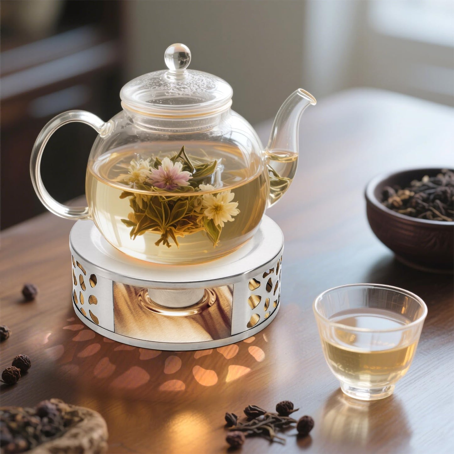 Coloch 3 Pack Teapot Warmer, Stainless Steel Tea Warmer with Tealight Candle Holder Brushed Metal Teapot Heater Tea Kettle Warmer Base for Most Teapots, Silver