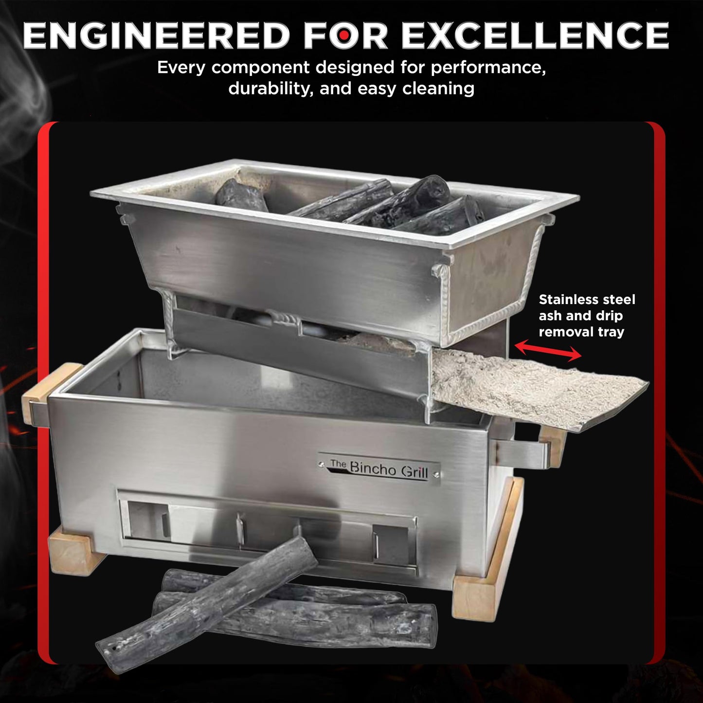 The Bincho Grill 16" Mini Yakitori Grill – Stainless Steel Mini Tabletop Charcoal BBQ with Charcoal Box, Optimized Airflow & Cool-Touch Base - Perfect for Japanese Grilling, Skewers, Meat, Seafood