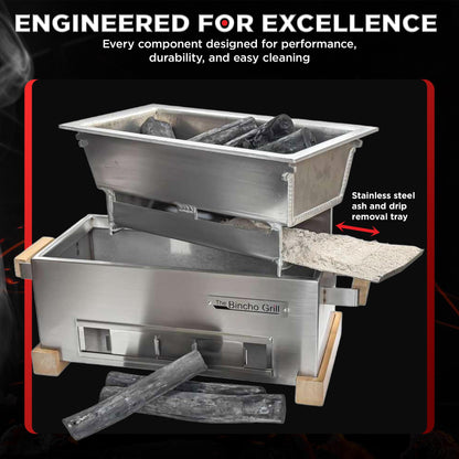 The Bincho Grill 16" Mini Yakitori Grill – Stainless Steel Mini Tabletop Charcoal BBQ with Charcoal Box, Optimized Airflow & Cool-Touch Base - Perfect for Japanese Grilling, Skewers, Meat, Seafood