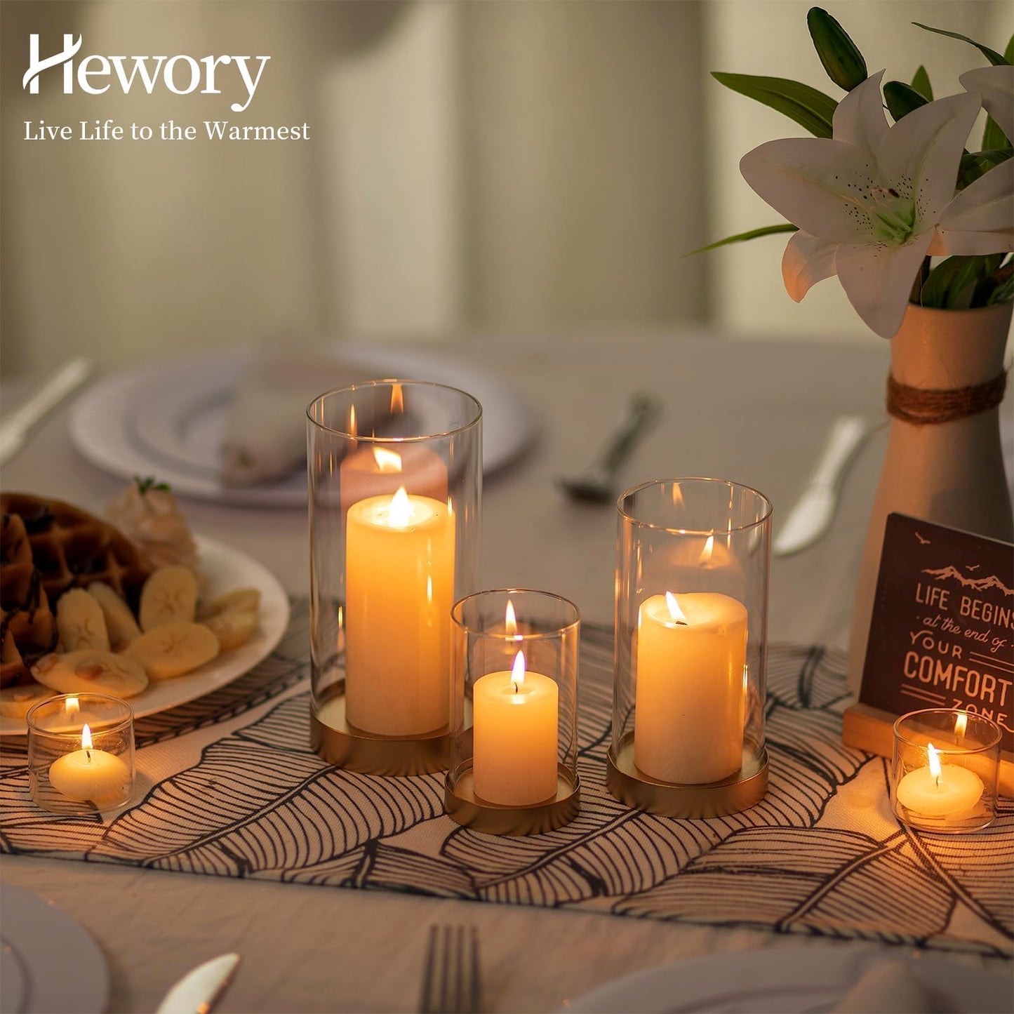Hewory Hurricane Candle Holder for Pillar Candles: Gold Votive Candle Holders Set of 6, Glass Hurricane with Metal Candle Plate, Pillar Candle Holder for Table Centerpiece Wedding Holiday Home Decor
