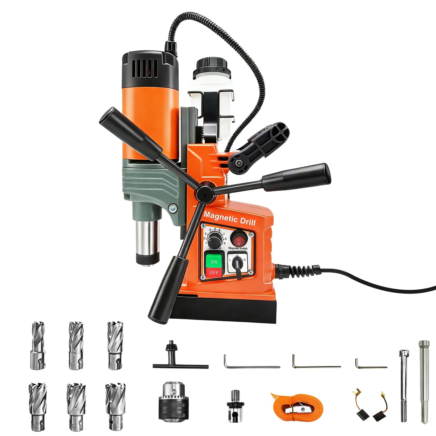 Mag Drill Press with 6 Pcs Coring Bits, 1400W 2" Boring Diameter, 2922lbf/13000N Power Portable Magnetic Drill, 810 PRM, Electric Drilling Machine for Metal Surface, Home Improvement Industry