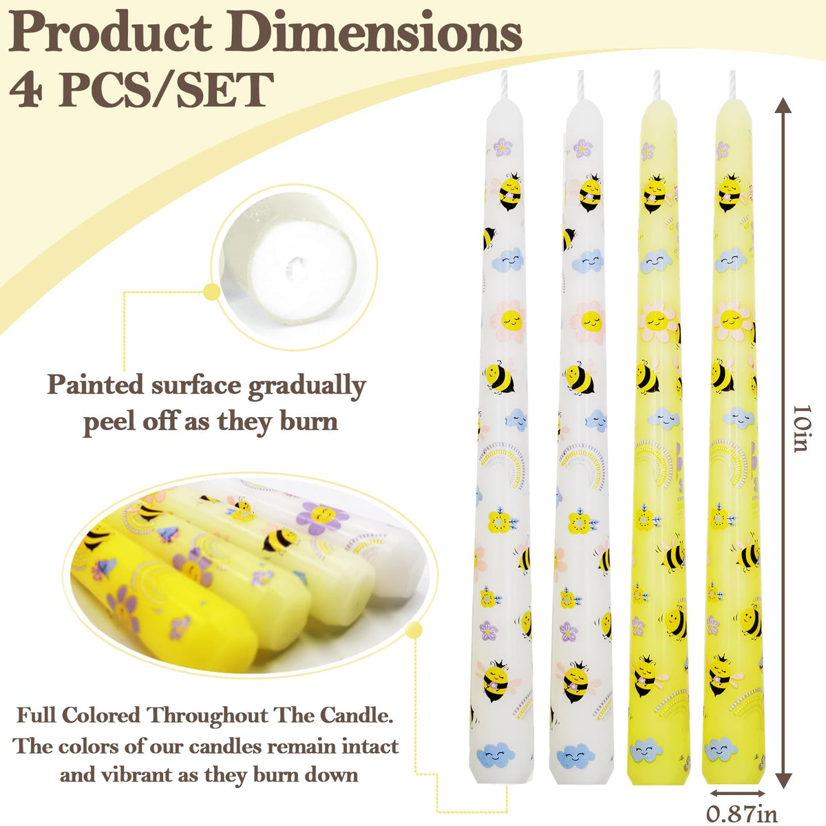 W&LESVAGO 10 Inch Yellow Bee Print Taper Candles, 4 Pack Unscented No-Drip Low-Smoke Long Wax Candlesticks for World Bee Day, Wedding, Party, and Dinner Table Decor (AY2)