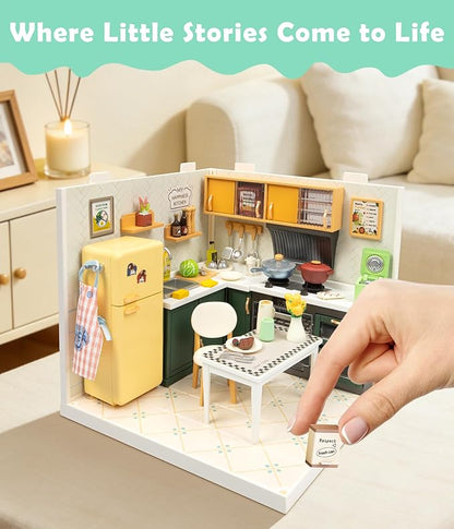 DIY Miniature Kitchen Dollhouse Kit with LED Light Dust-Proof Door &amp Roof - Cozy Home Cooking Room Creative Building Set for Adults &amp Teens - Immersive Craft Kit for Handmade Decor &amp Gift
