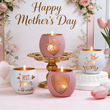 Mother's Day Glass Candle Holders Set of 4, Best Mom Ever Tealight Holders with Super Mom & Heart Designs, Decorative Votive Candle Holders for Women's Birthday, Grandma Gift & Mother's Day Decor