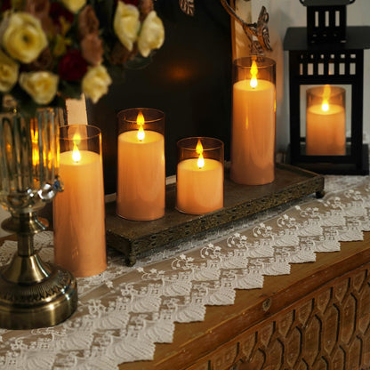 Homemory Amber Flickering Flameless Candles, Battery Operated Acrylic LED Pillar Candles with Remote Control and Timer, Fall Candles, Set of 9