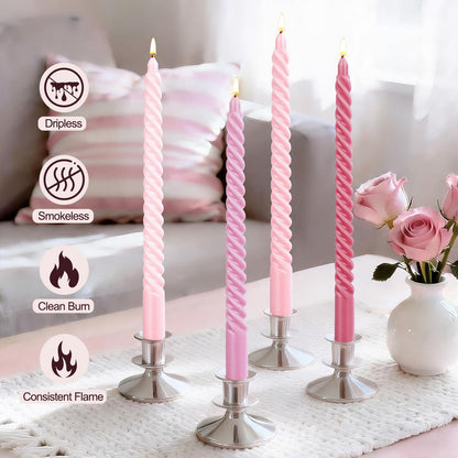 Valentines Taper Candles, 4 Packs Pink Spiral Twisted Taper Candles Set, Long Lasting Unscented Candlesticks 10 Inch Tall for Dinner Home Kitchen Decor Wedding Party Church Valentines Day Decorations