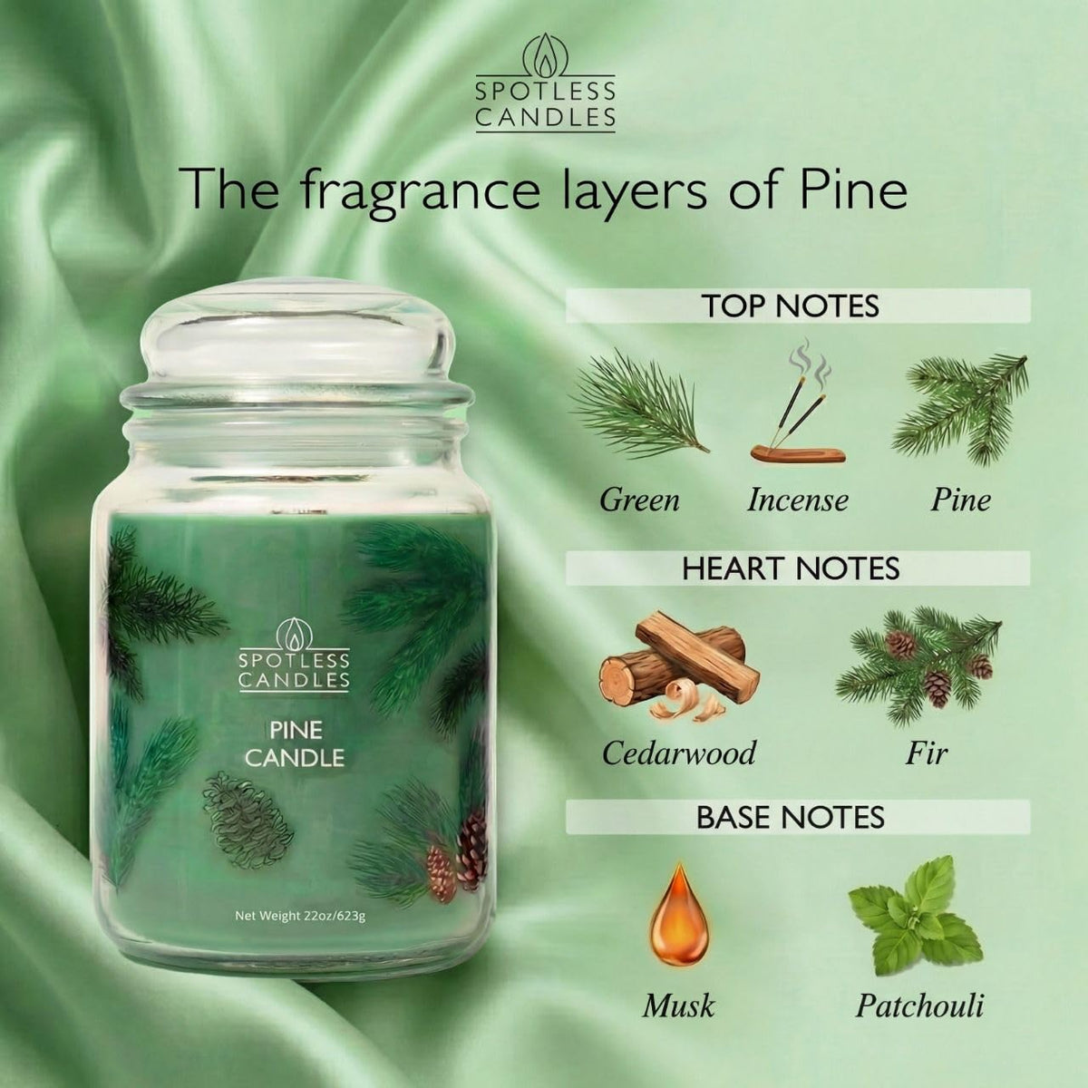 Pine Candle 22oz: 130 Hours Burn Time Hybrid Soy Candles Crackling Wooden Wick, in a Luxury Gift Box in a Protective Shipper by Spotless Candles