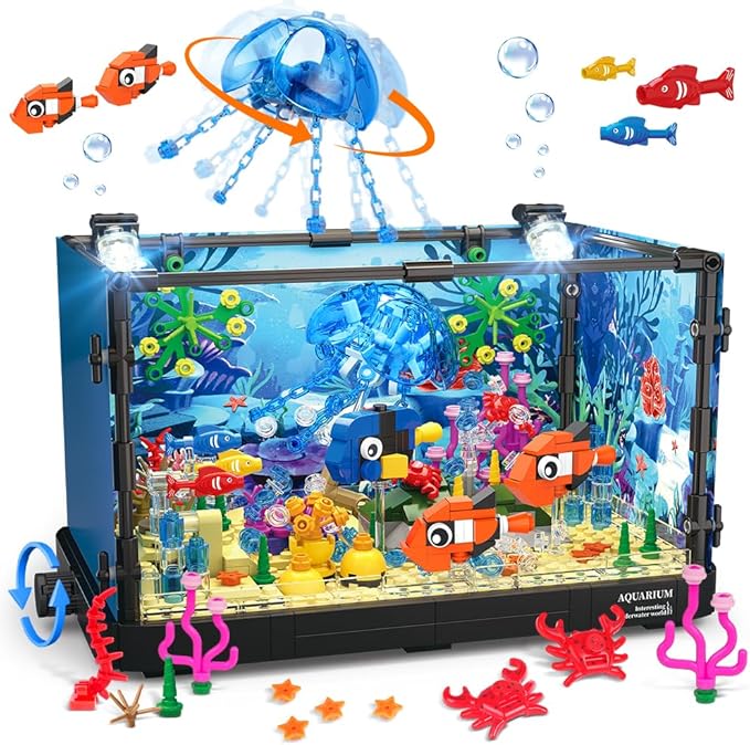 HOGOKIDS Fish Tank Building Set with LED Light - Movable Aquarium Building Toys for Adults Kids | 725PCS Creative Aquarium Toy with Jellyfish Fish Animal Educational Gift for Boys Girls Age 8-14