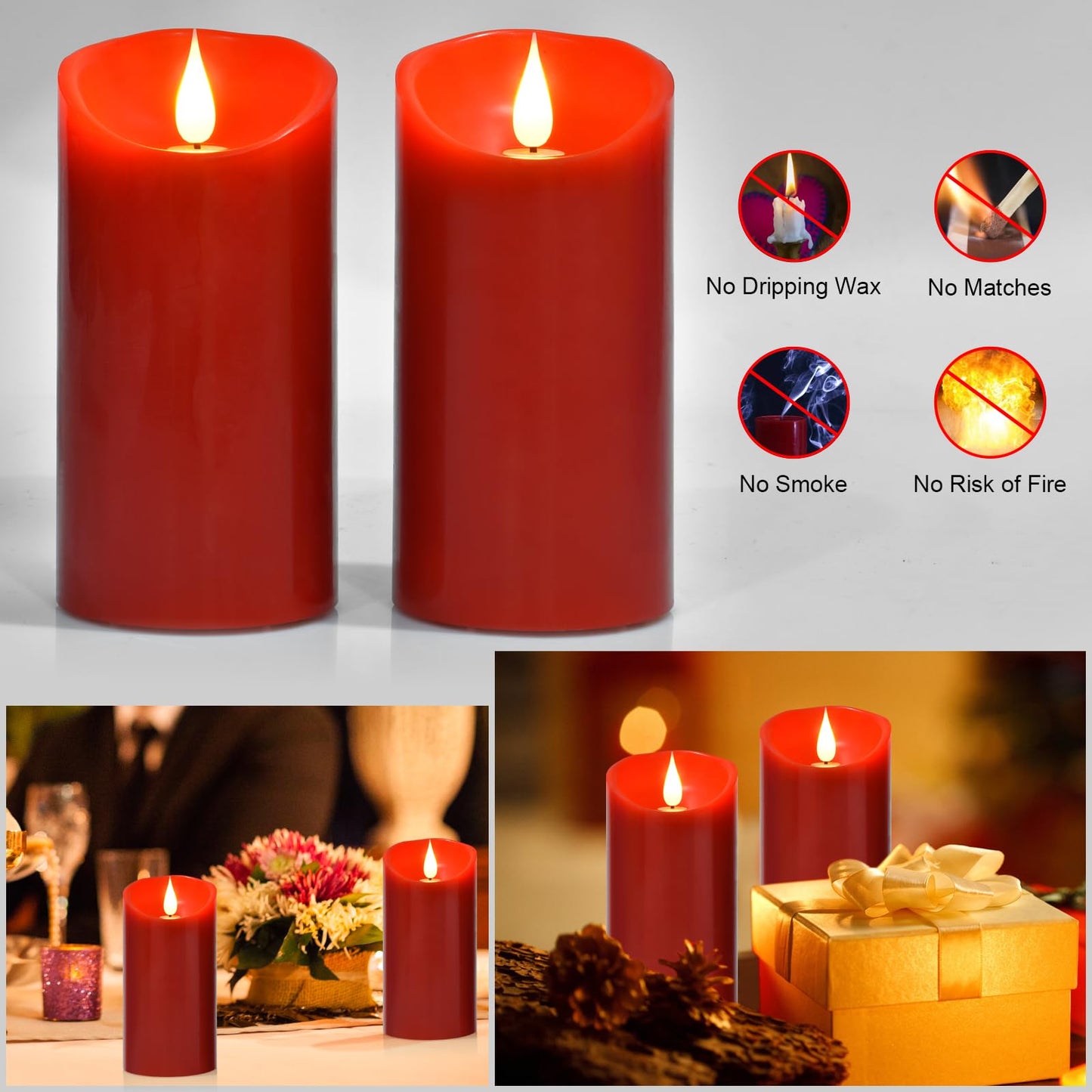 Nancia Flameless Battery Operated Flicking Candles:Remote Control Realistic Wax Pillar LED Candle with 10-Key Cycling 24 Hours Timer for Home Decoration Wedding Birthday Party Ivory 2PACK Red