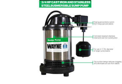 Wayne 3/4 HP Heavy Duty Submerisble Cast Iron and Stainless Steel Sump Pump with NEW Switch - Removes up to 5,490 Gallons of Water Per Hour