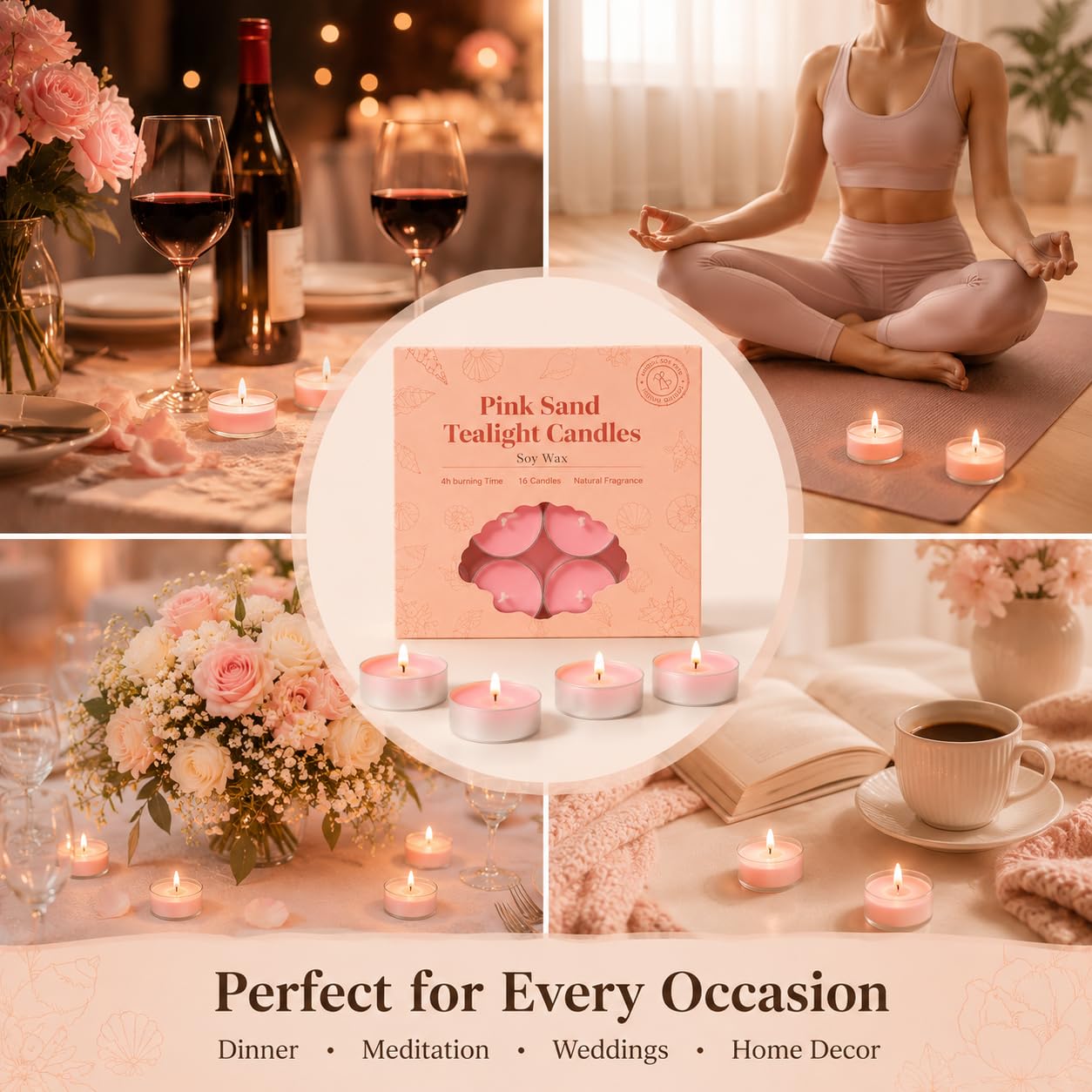 16Pcs Pink Sand Scented Tealight Candles, Pink Soy Wax Tea Lights with Essential Oils, 4h Long Burning Tea Light Candles for Spa, Romantic Decor, Meditation, Dinner, and Home Decor