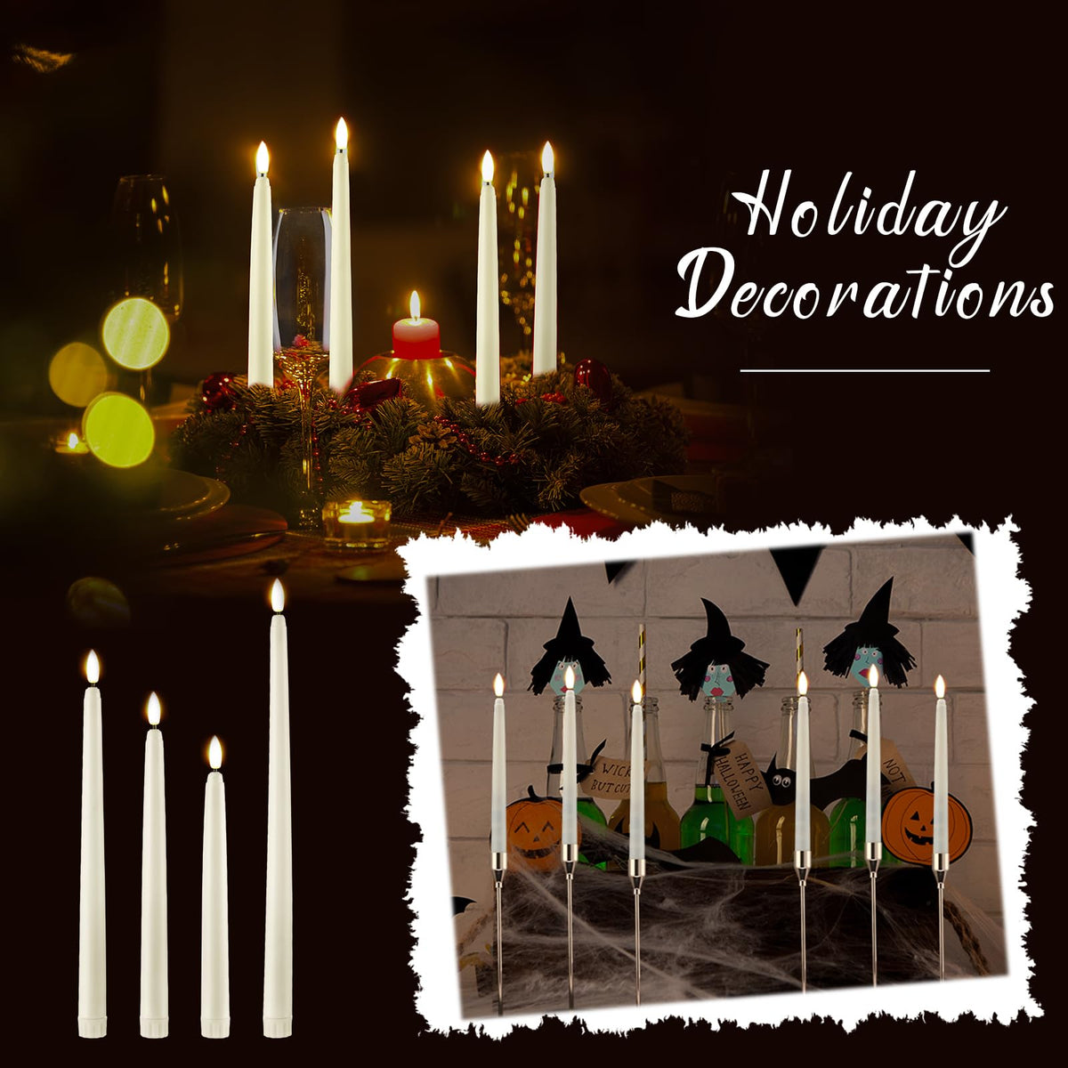 Baquler 100 Pcs Flameless Taper Candles LED Flickering Taper Candlesticks Bulk Battery Operated Flameless Candle for Wedding Halloween Christmas Birthday Decoration, 8.5/9.7/10.8/12.8 Inch (Ivory)