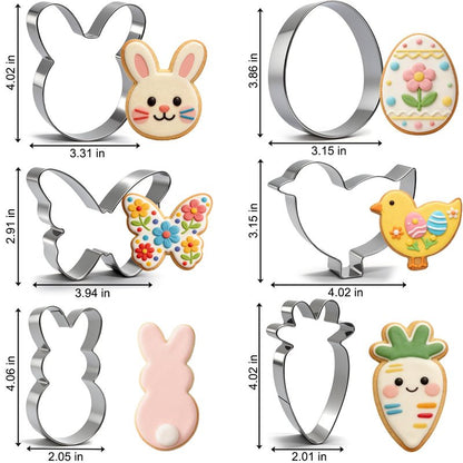 6Pcs Large Easter Cookie Cutters for Kids, 4'' Bunny Head, Egg, Chicken, Rabbit, Carrot, Butterfly Shapes, Metal Biscuit Molds for Easter Spring Holiday Themed Baking Supply