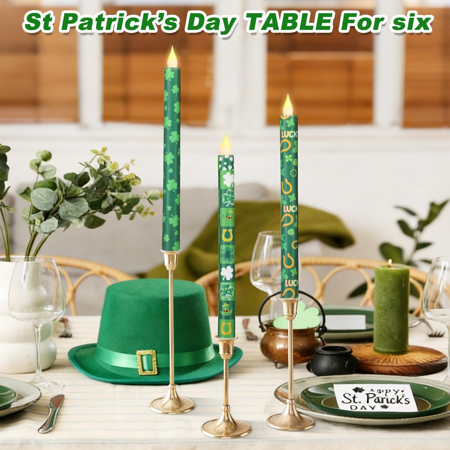 LCZLUMIPRO 6Pcs St. Patrick' s Day Flameless Taper Candles, 10.63" Green Battery Operated LED Shamrock Candles with Lucky Charms,Remote Timer, Candlesticks,Irish Party Favor Gifts for Home Table Decor