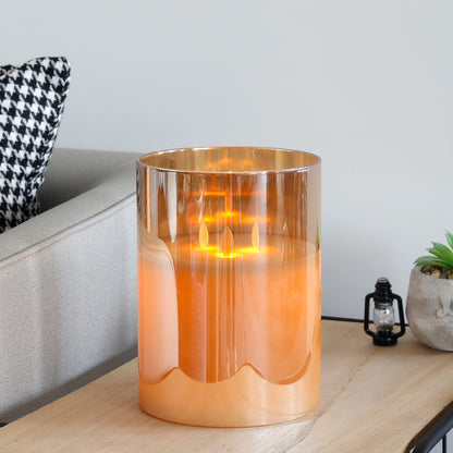 JHY DESIGN Large 3-Wick Glass Flameless Candles 8''H Battery Operated Dancing Flame Flickering LED Pillar Candles with 6-Hour Timer Real Wax Candles for Home Wedding Party Festival（Gold）
