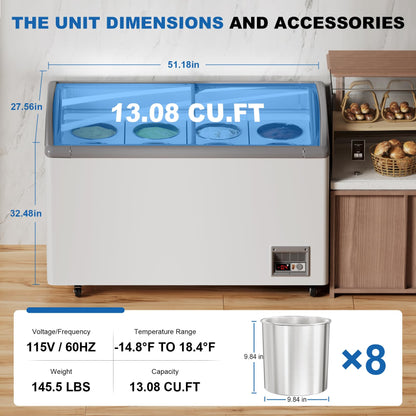 13.5 Cu.Ft Commercial Ice Cream Display Freezer, 51" Gelato Dipping Cabinet with 8 Large 3 Gallon Tubs, Top Open Chest Freezer for Restaurant, Ice Cream Shop, White