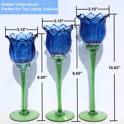 VOHO Blue Flower Tealight Candle Holder Set of 3 with Different Heights, Lovely Tulips Tea Light Candle Holder Glass Table Centerpieces for Dining Room Bookcase, Blue Votive Candle Holders Home Decor
